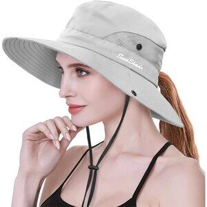 Womens Beige Polyester Wide Brim Mesh Boonie Uv Protection Chin Strap Cowboy Hat